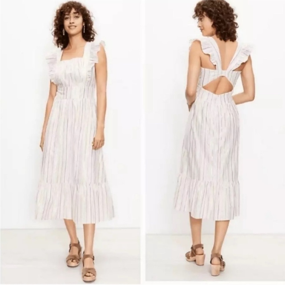 NEW Loft Shimmer Multi Color Stripe Ruffle Cutout Back Midi Dress